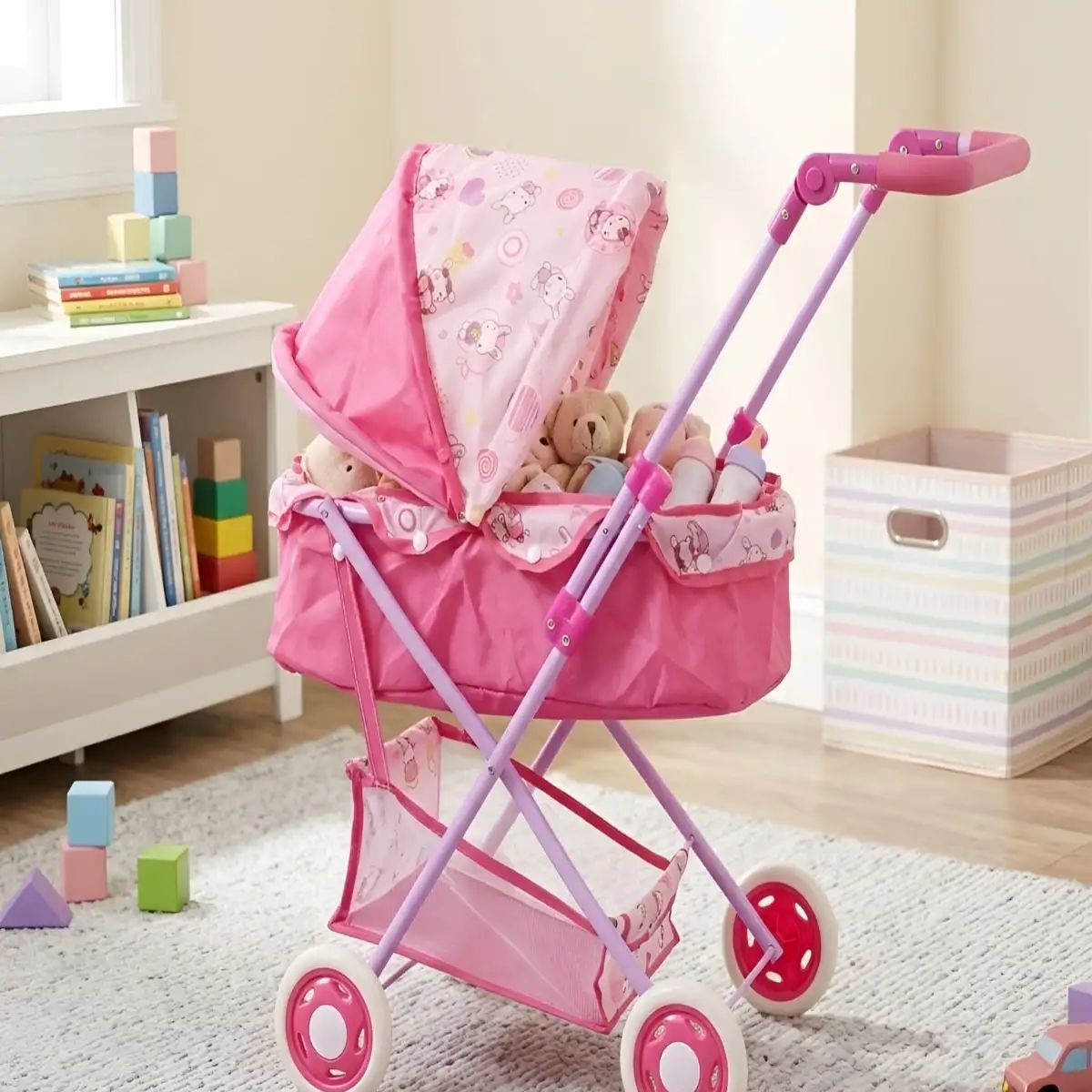 GENERICO - Coche para Muñecas con Canasto y Toldo Ajustable