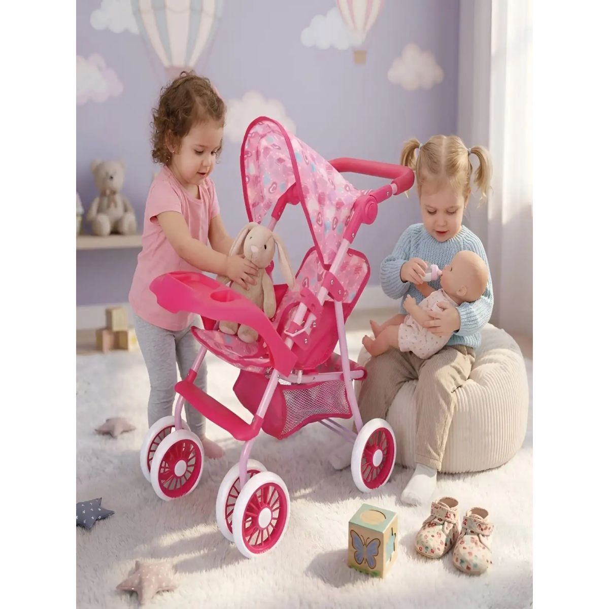 GENERICO - Coche de Juguete para Muñecas con Toldo Plegable y Bandeja Rosado Diseño Lineal