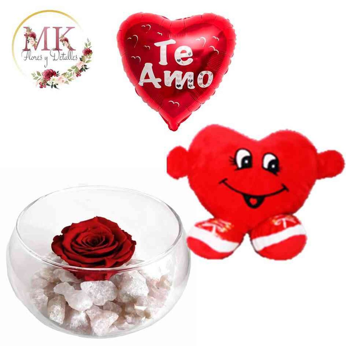 GENERICO - Rosa Preservada Peluche Corazón y Globito