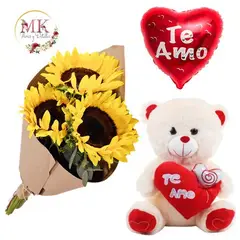GENERICO - Ramo de 3 Girasoles Peluche Oso 28cm y Globo