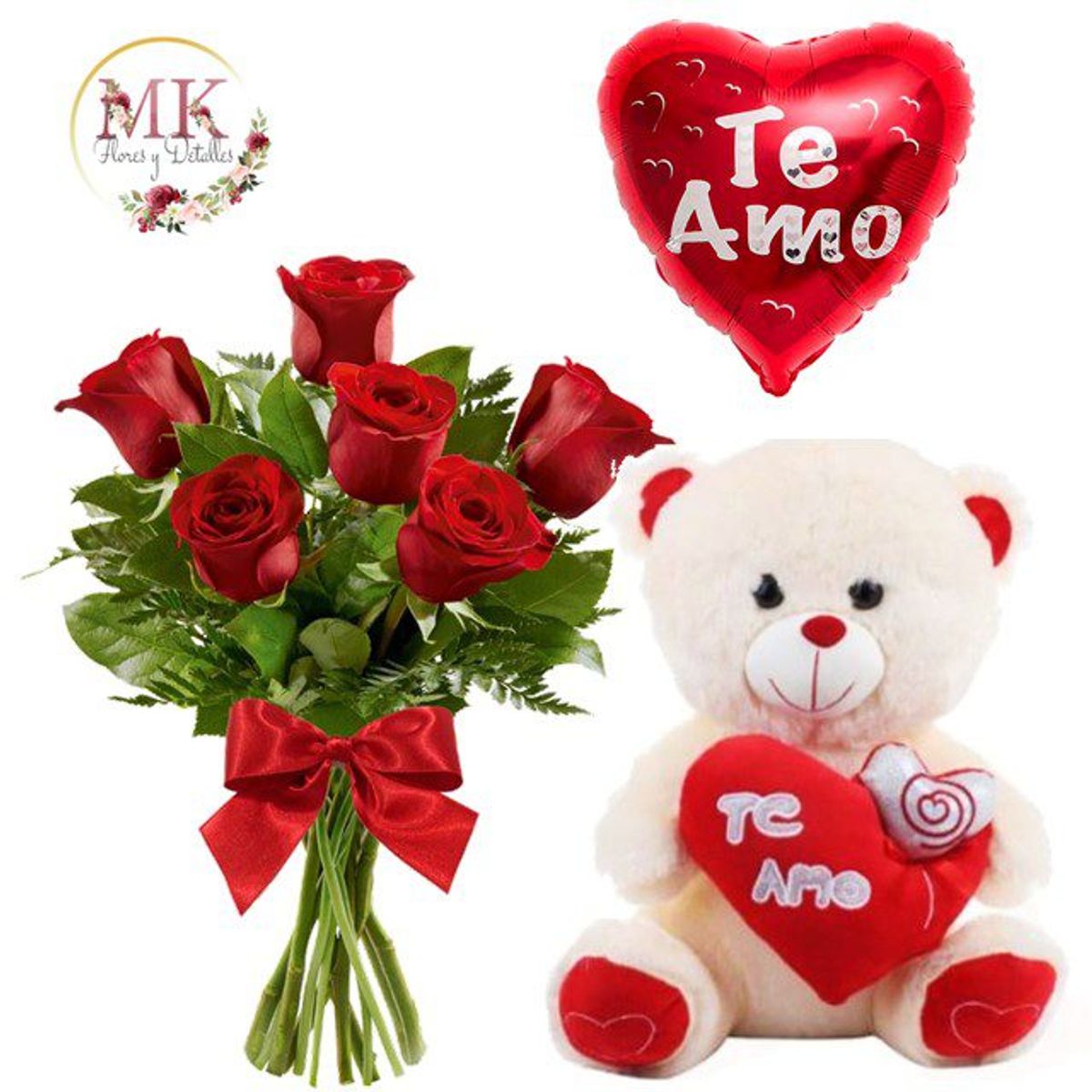 GENERICO - Ramo de 6 Rosas Peluche Oso 28cm y Globo