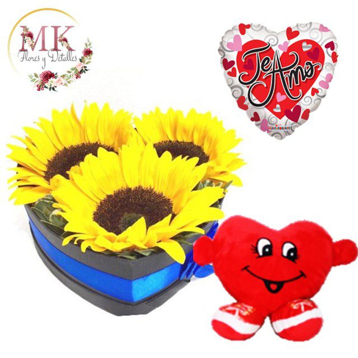 GENERICO - Box Corazón de 3 Girasoles Peluche Corazón y Globo