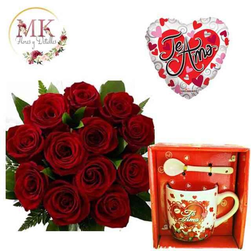 GENERICO - Ramo de 12 Rosas Taza Te Amo y Globo