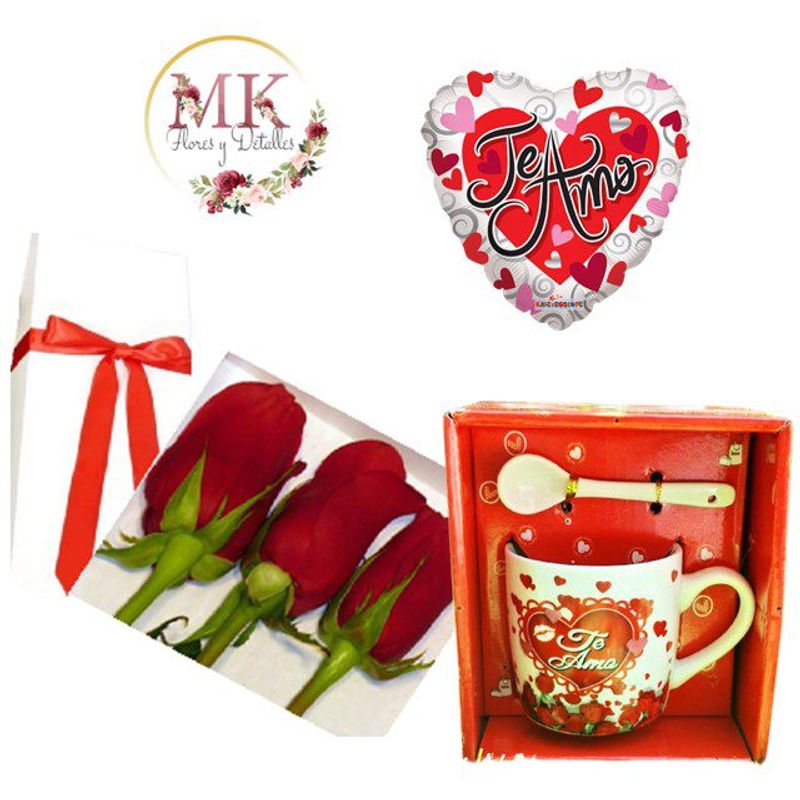 GENERICO - Caja de 3 Rosas Taza Te Amo y Globo
