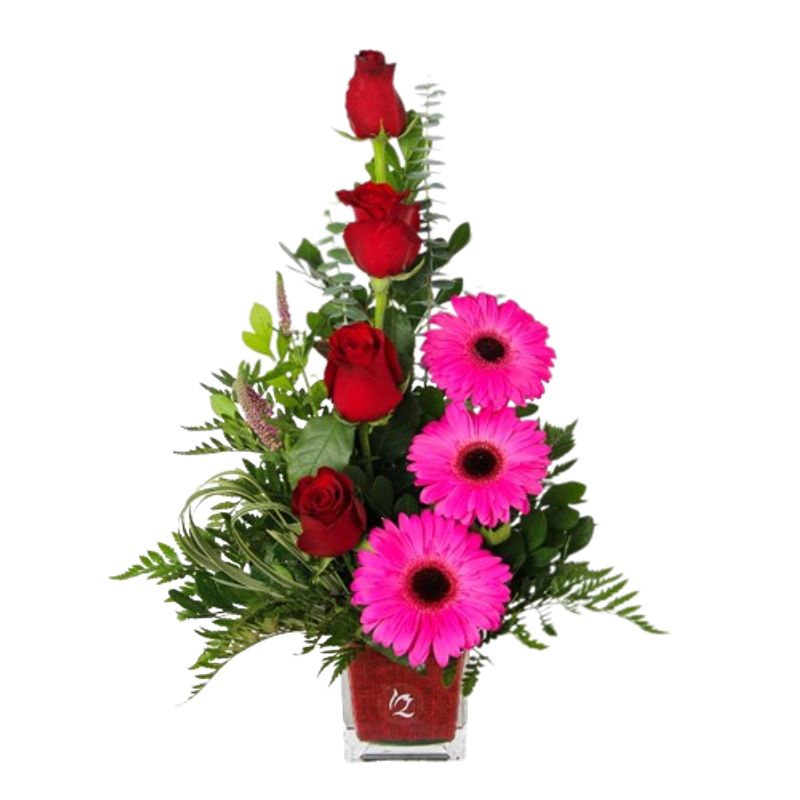 GENERICO - Cubo de 4 Rosas y 3 Gerberas