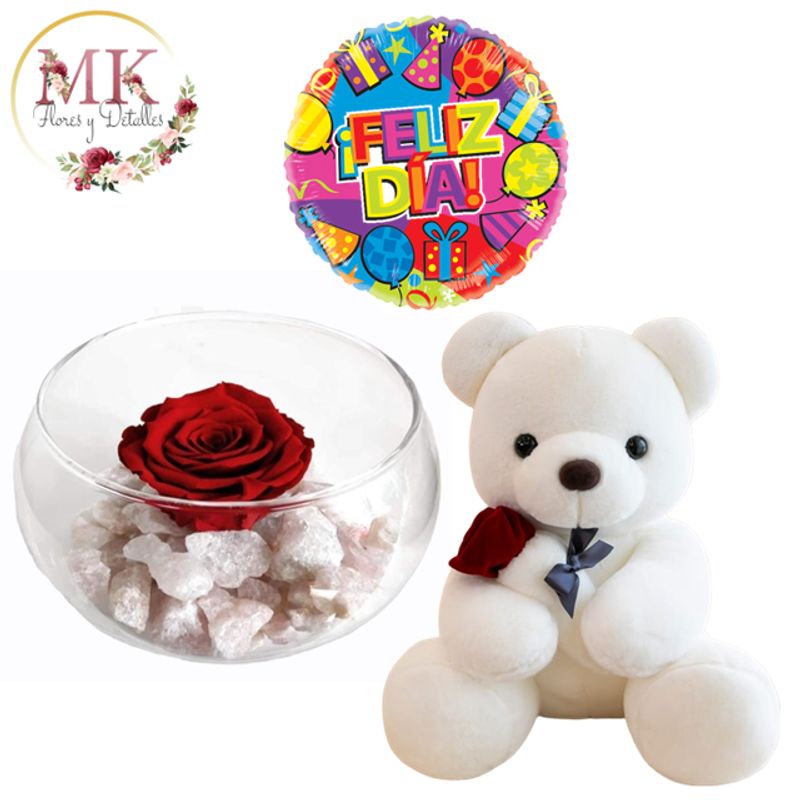 GENERICO - Rosa Preservada Oso Peluche 30cm y Globo