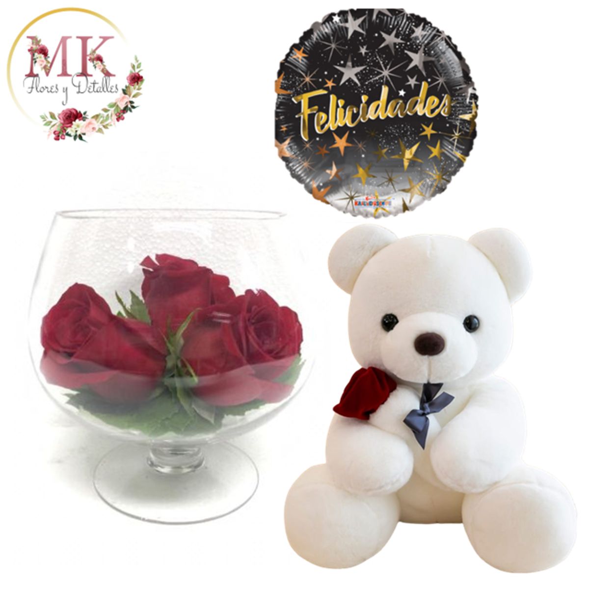 GENERICO - Copa de 3 Rosas Oso Peluche 30cm y Globo