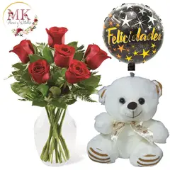 GENERICO - Florero de 6 Rosas Peluche 20cm y Globo