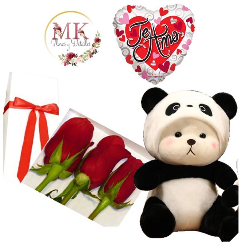GENERICO - Caja de 3 Rosas Peluche de 20cm y Globo