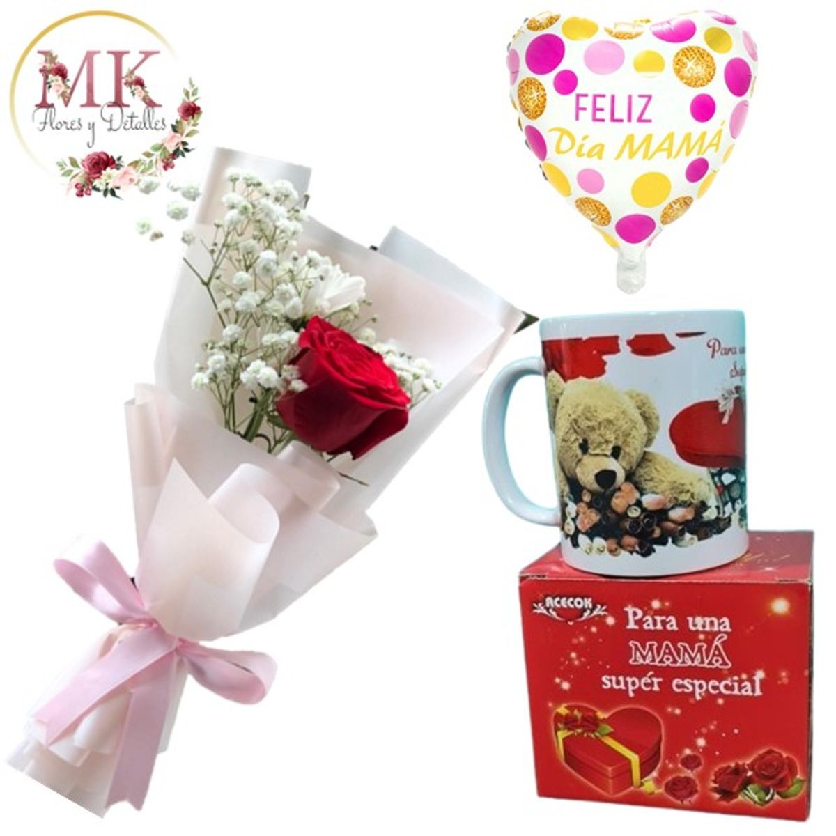 GENERICO - Rosa Decorada Taza Día de la Mamá y Globo