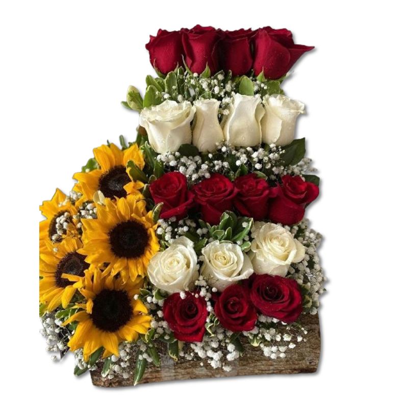 GENERICO - Base de 18 Rosas Blancas y Rojas con 5 Girasoles