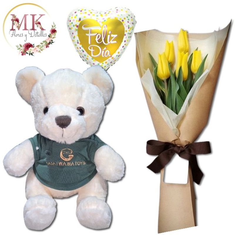 GENERICO - Bouquet de 5 Tulipanes Peluche con Polerón de 30cm y Globo