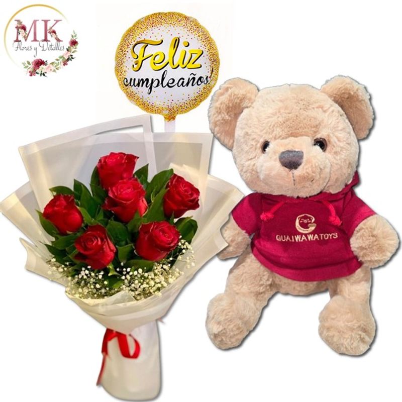 GENERICO - Bouquet de 6 Rosas Peluche con Polerón de 30cm  y Globo