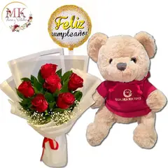 GENERICO - Bouquet de 6 Rosas Peluche con Polerón de 30cm y Globo