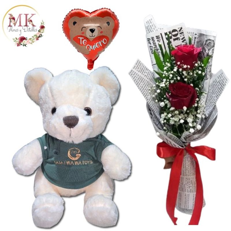 GENERICO - Bouquet de 2 Rosas Peluche con Poleron de 30cm y Globo