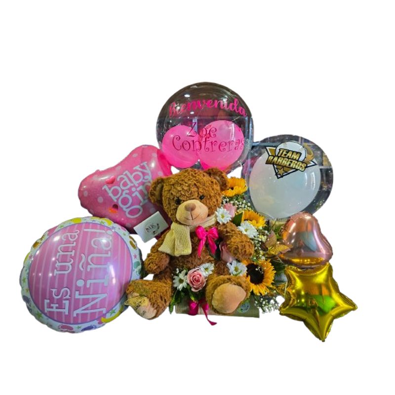 GENERICO - Arreglo de Nacimiento con Peluche Flores y Globos