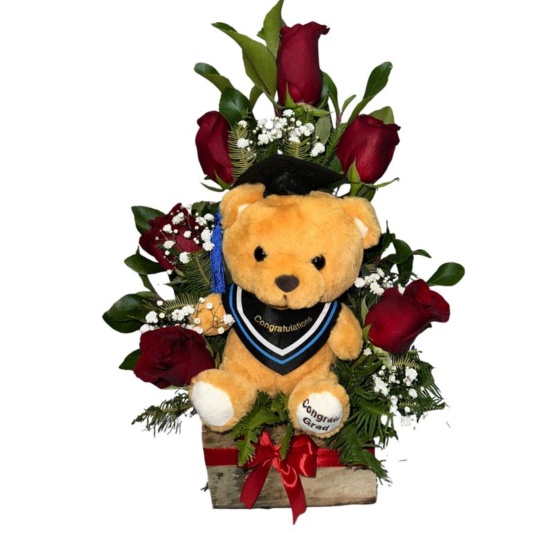 GENERICO - Base de 6 Rosas y Peluche de Graduación de 20cm