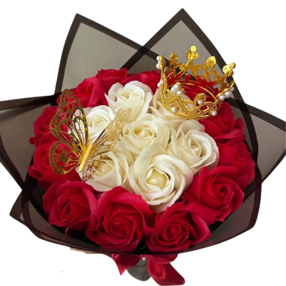 GENERICO - Bouquet de 20 Rosas Eternas Blanca y Roja con Corona