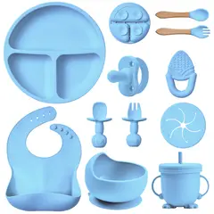 VIDITA - Set Alimentacion Bebe 11pcs Plato Silicona Bebé Azul