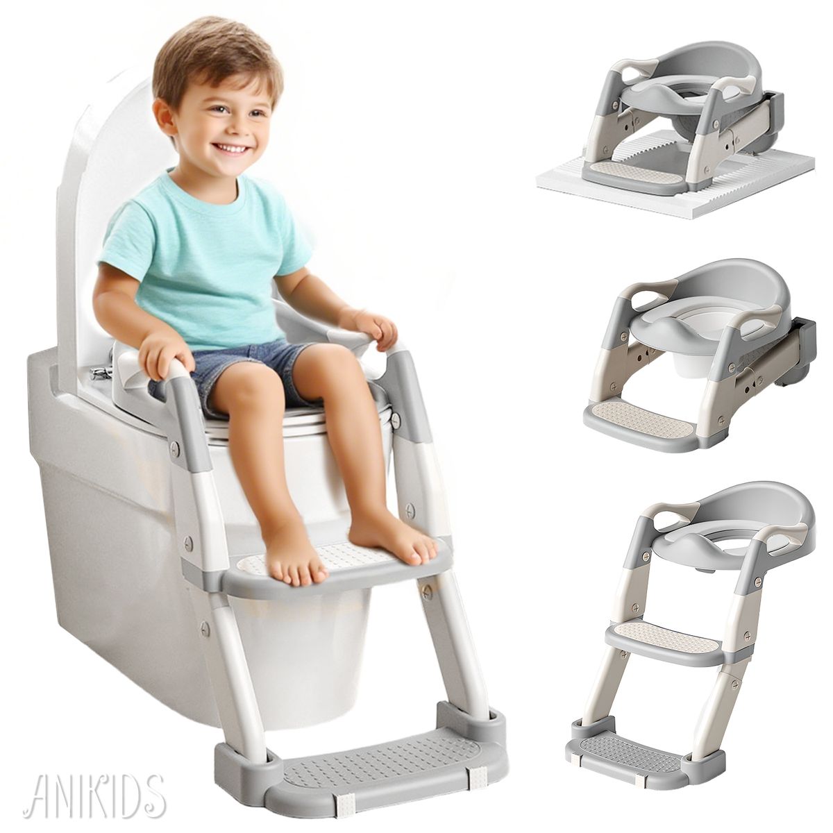 ANIKIDS - 3 En 1 Pelela Asiento Adaptador Escalera Baño Wc Niños Gris