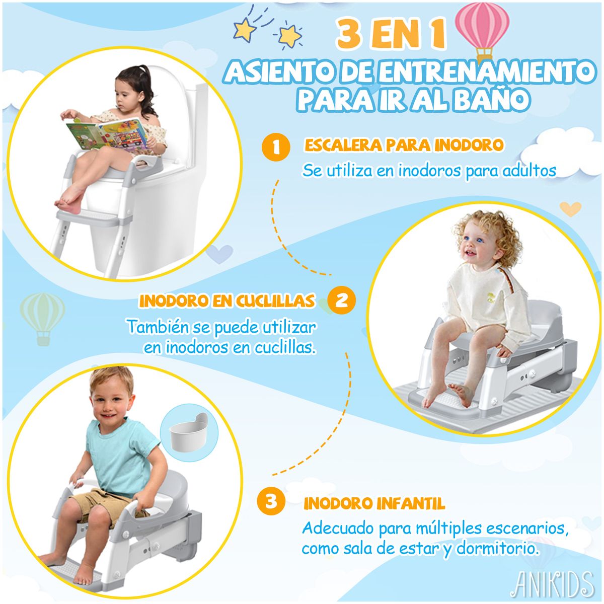 ANIKIDS - 3 En 1 Pelela Asiento Adaptador Escalera Baño Wc Niños Gris