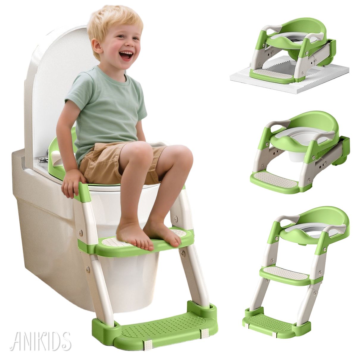 ANIKIDS - 3 En 1 Pelela Asiento Adaptador Escalera Baño Wc Niños Verde