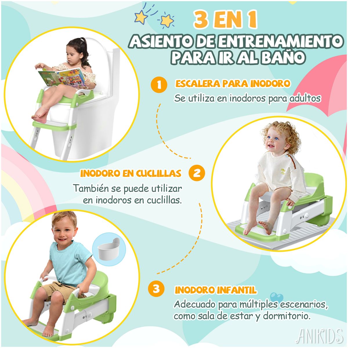 ANIKIDS - 3 En 1 Pelela Asiento Adaptador Escalera Baño Wc Niños Verde