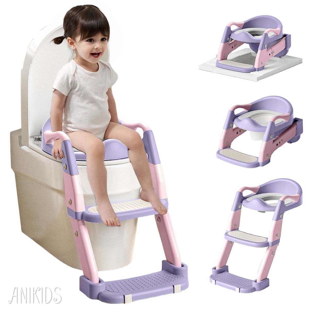ANIKIDS - 3 En 1 Pelela Asiento Adaptador Escalera Baño Wc Niños Lila