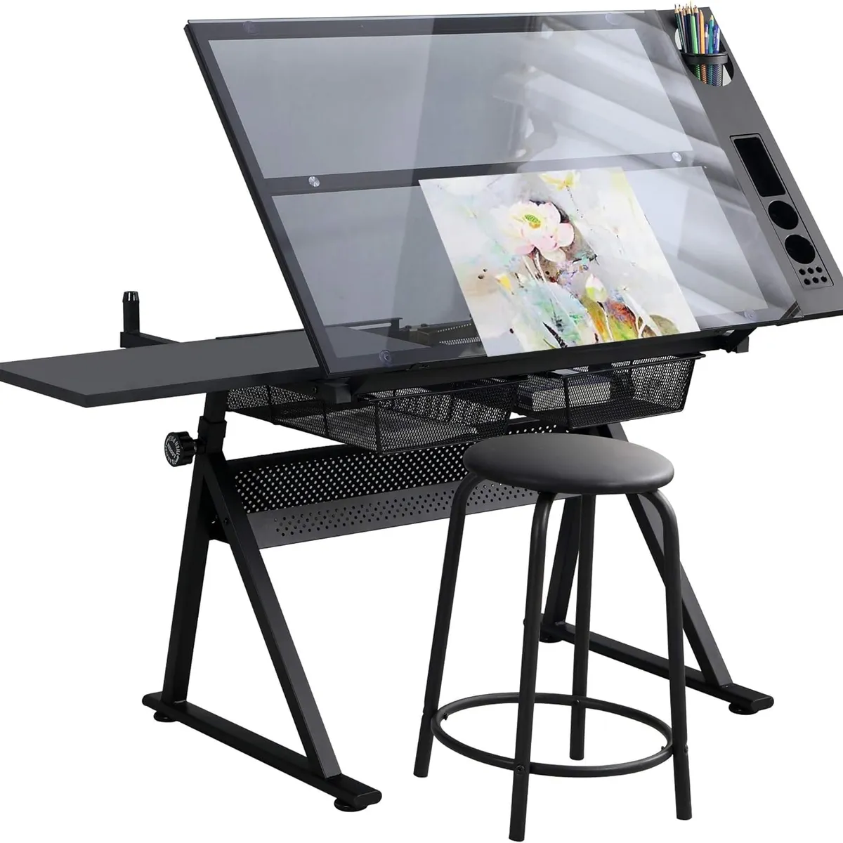 KUANGYE - Mesa De Dibujo Profesional Negra Tablero De Vidrio Ajustable