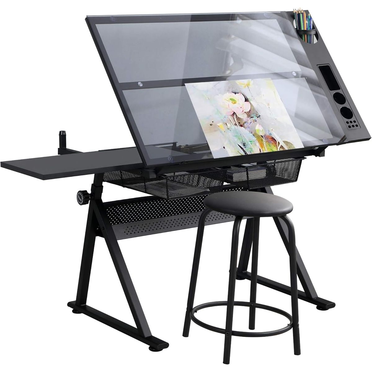 KUANGYE - Mesa De Dibujo Profesional Negra Tablero De Vidrio Ajustable