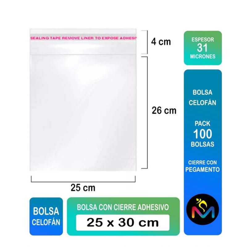 MALIK - Bolsa de Celofán 25x30 cm con Cierre Adhesivo