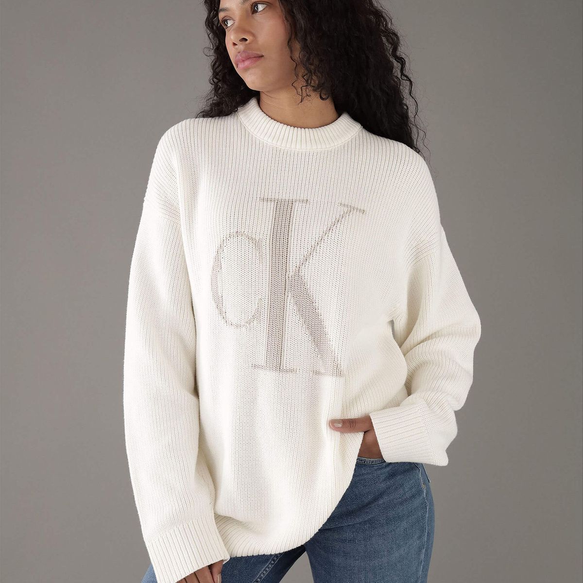 CALVIN KLEIN - Sweater con cuello alto y monograma en contraste Blanco Calvin Klein