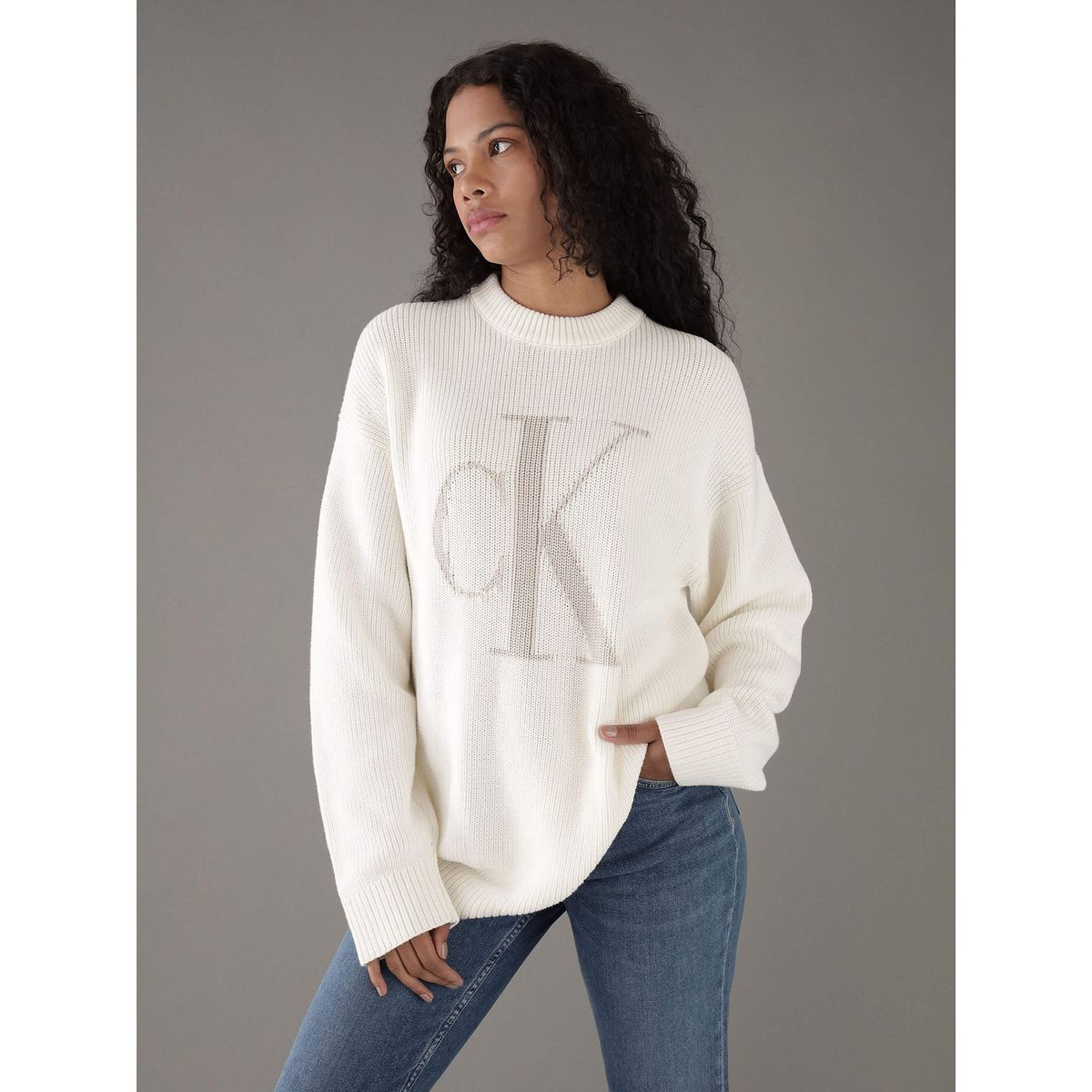 CALVIN KLEIN - Sweater con cuello alto y monograma en contraste Blanco Calvin Klein
