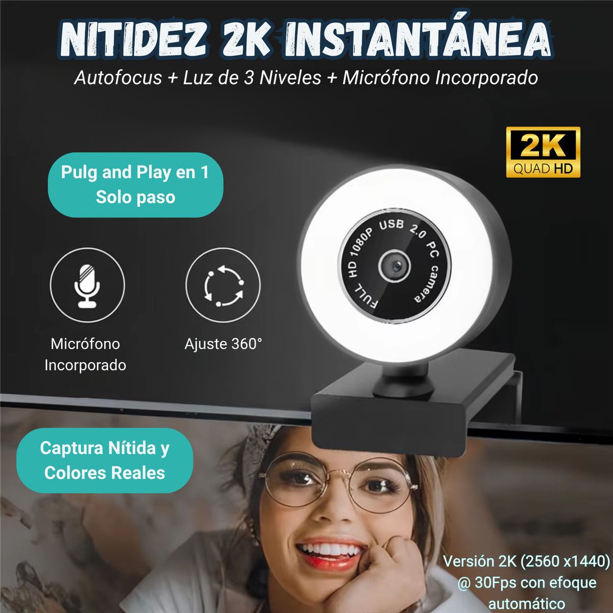 GENERICO - Camara Para Video Conferencia Webcam Con Luz Pc Streaming 2k Negro
