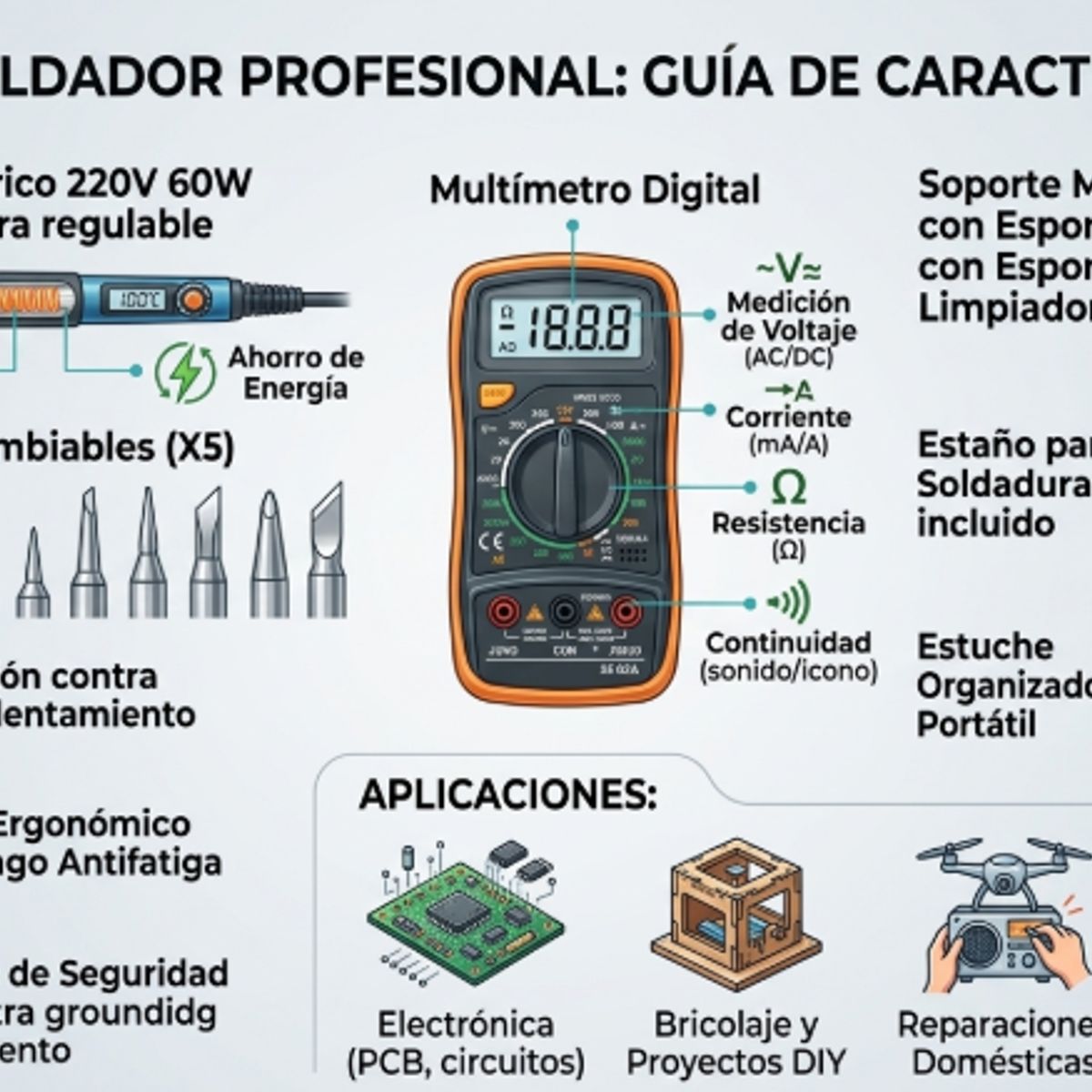 GENERICO - Kit Soldador Eléctrico Cautín Regulable Multímetro