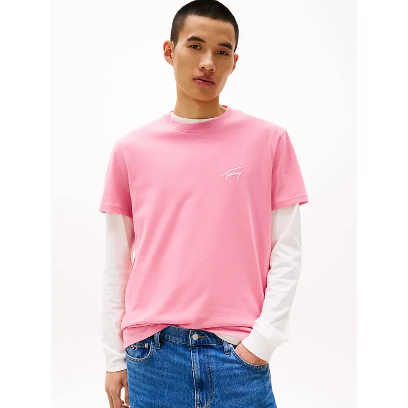TOMMY HILFIGER - Polera Con Logo Signature Bordado Rosado Tommy Jeans