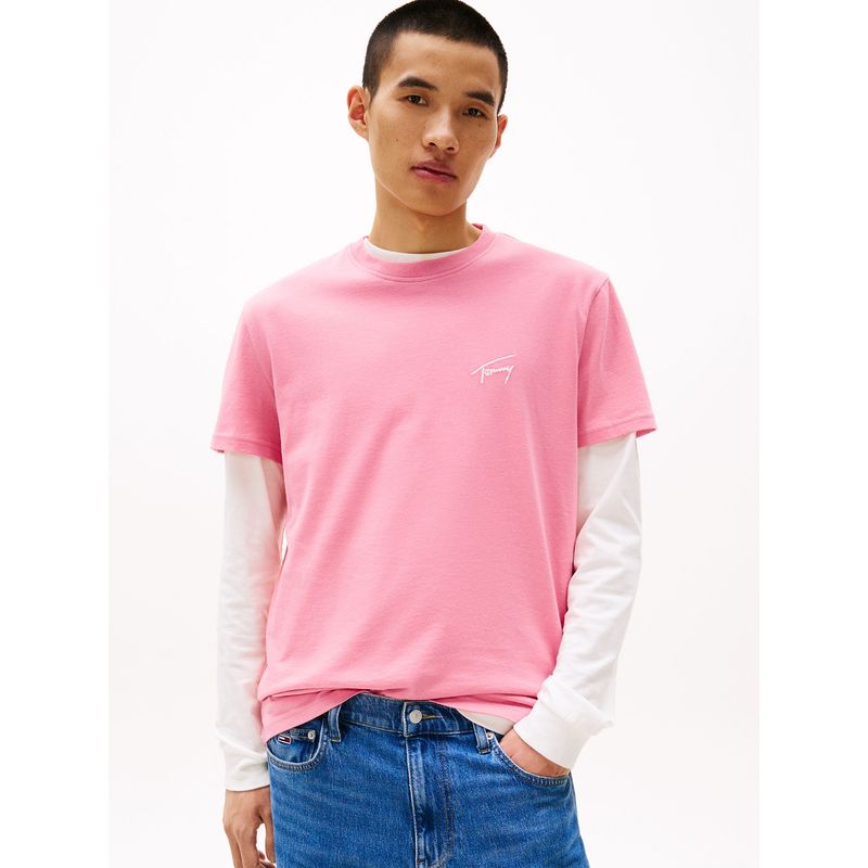 TOMMY HILFIGER - Polera Con Logo Signature Bordado Rosado Tommy Jeans