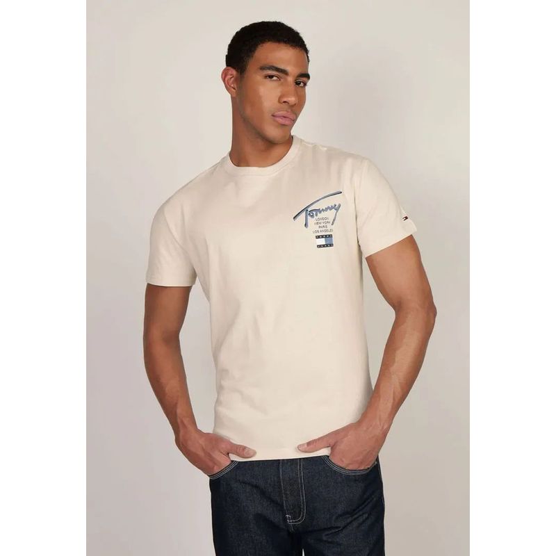 TOMMY HILFIGER - Polera Con Logo Signature Beige Tommy Jeans