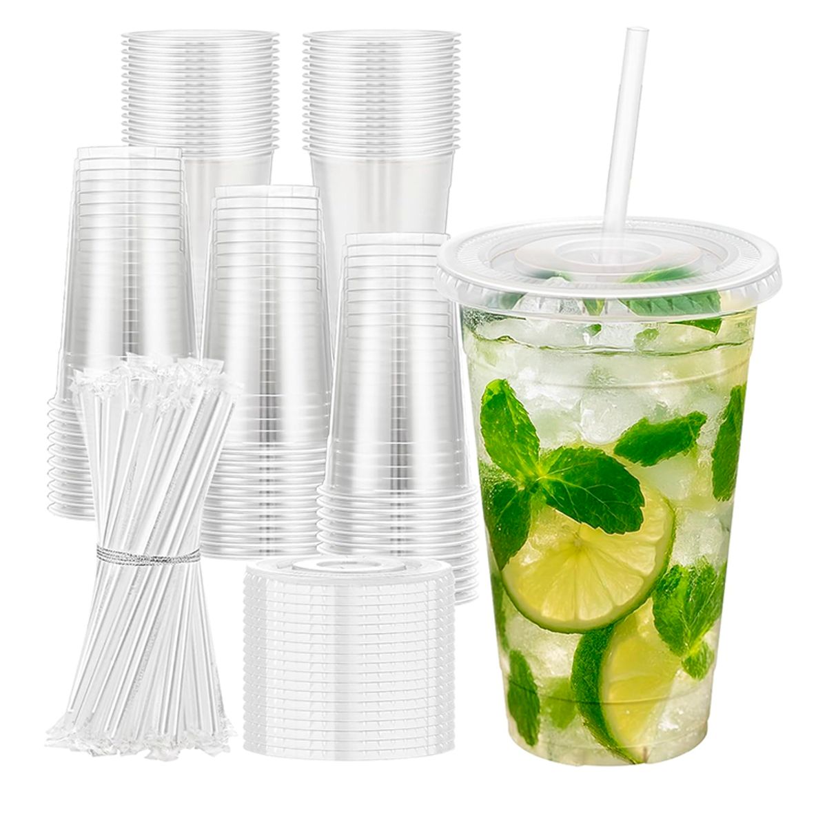 WAKESHOME - 50 Vasos Desechable Plástico Con Tapa Y Bombillas 24 Onzas Transparente