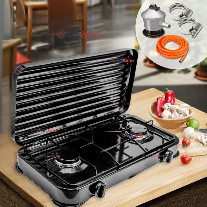 LINE - Cocina Encimera Gas Licuado 2 Platos + KIT Instalación Cocinilla Negro