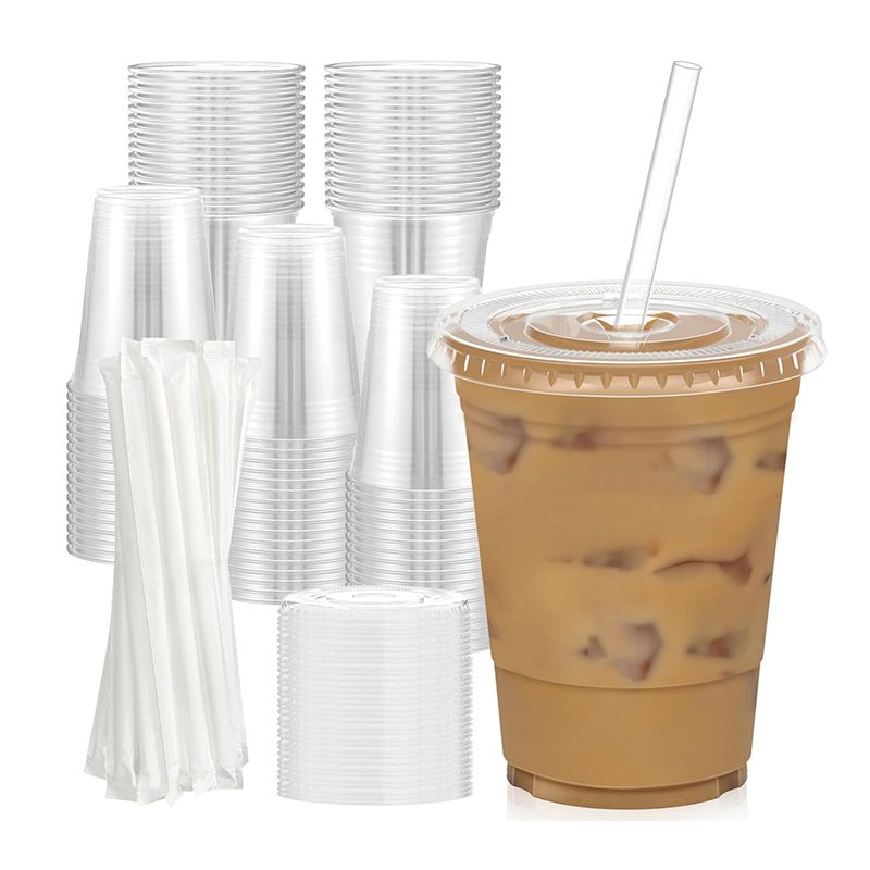 WAKESHOME - 50 Vasos Desechable Plástico Con Tapa Y Bombillas 16 Onzas Transparente