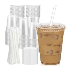 WAKESHOME - 50 Vasos Desechable Plástico Con Tapa Y Bombillas 16 Onzas Transparente