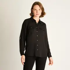 LORENZO DI PONTTI - Blusa Negra con Bolsillos y Roll-Up