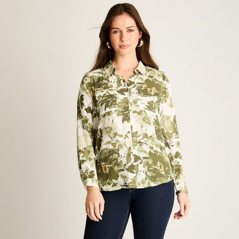 LORENZO DI PONTTI - Blusa Verde con Estampado Floral y Mangas Roll-Up