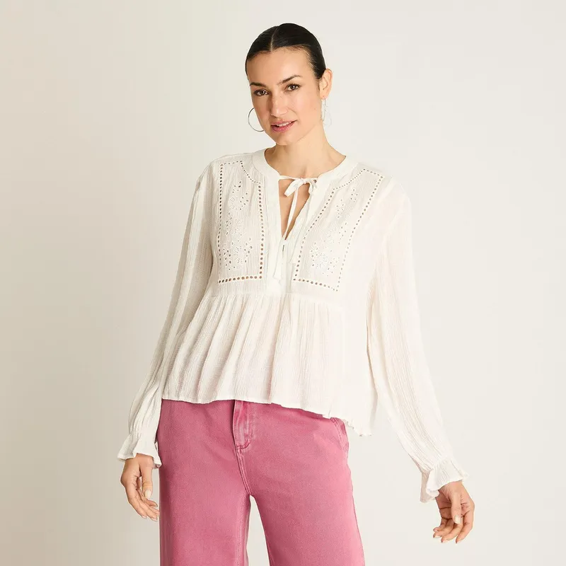 ACUARELA - Blusa Crudo Bordado Romántico