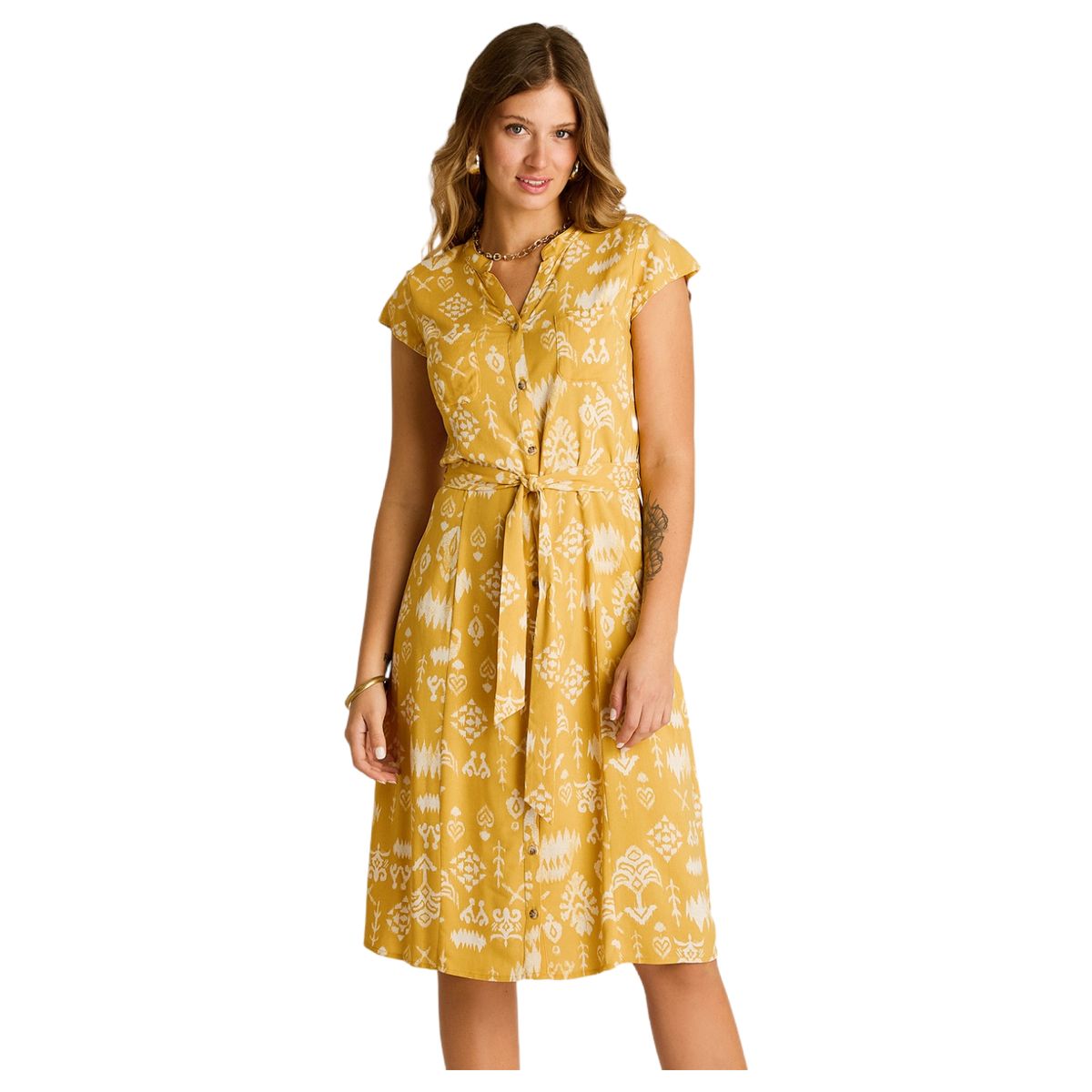 LORENZO DI PONTTI - Vestido Midi Mostaza – Fresco, cómodo y de Calce normal