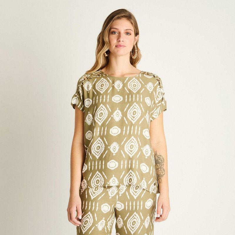 LORENZO DI PONTTI - Blusa Verde con Estampado Étnico