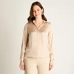 LORENZO DI PONTTI - Blusa Mujer Arena Claro Cuello Camisero V - Primavera Cherry Lady