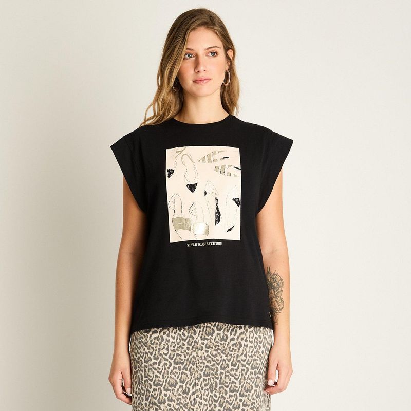 LORENZO DI PONTTI - Polera Negra con Estampa Ilustrada