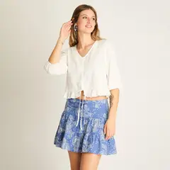 ACUARELA - Blusa Blanco Manga 3/4 Amarre Frontal